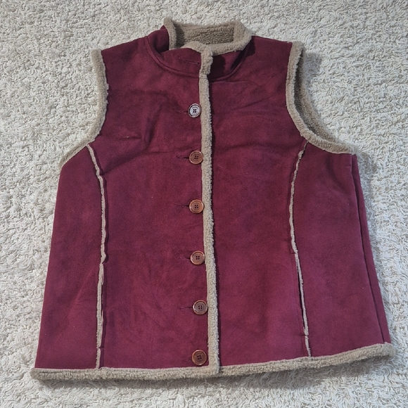 BODEN Sherpa Microsuede Winter Vest L Burgundy+Taupe Faux Fur Sleeveless Jacket - Picture 1 of 4